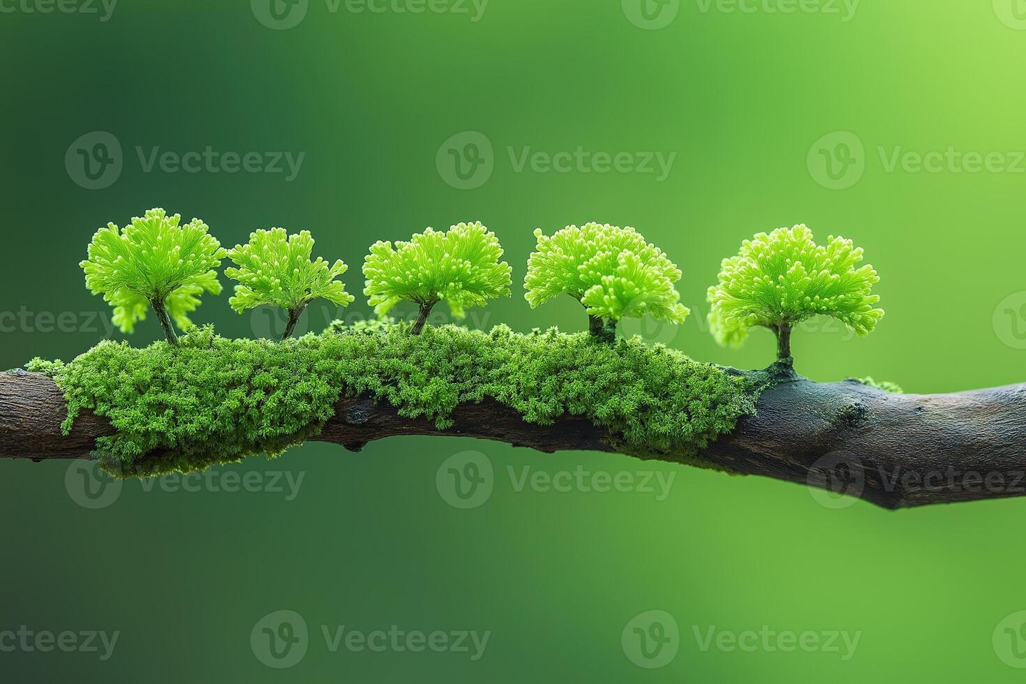 Small trees growing on a mossy branch symbolizing reforestation and environmental conservation photo