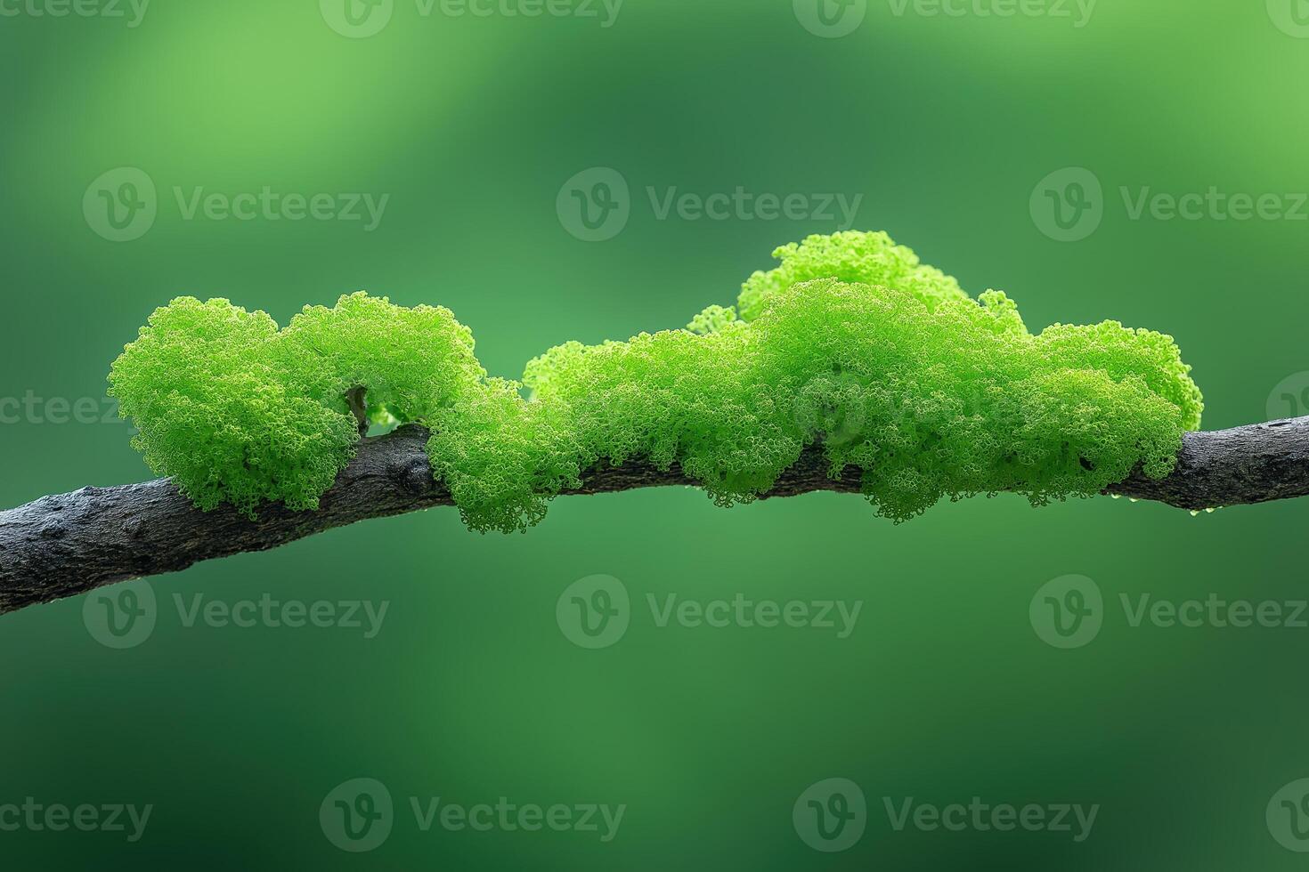 Green algae growing on a branch in nature close-up photo