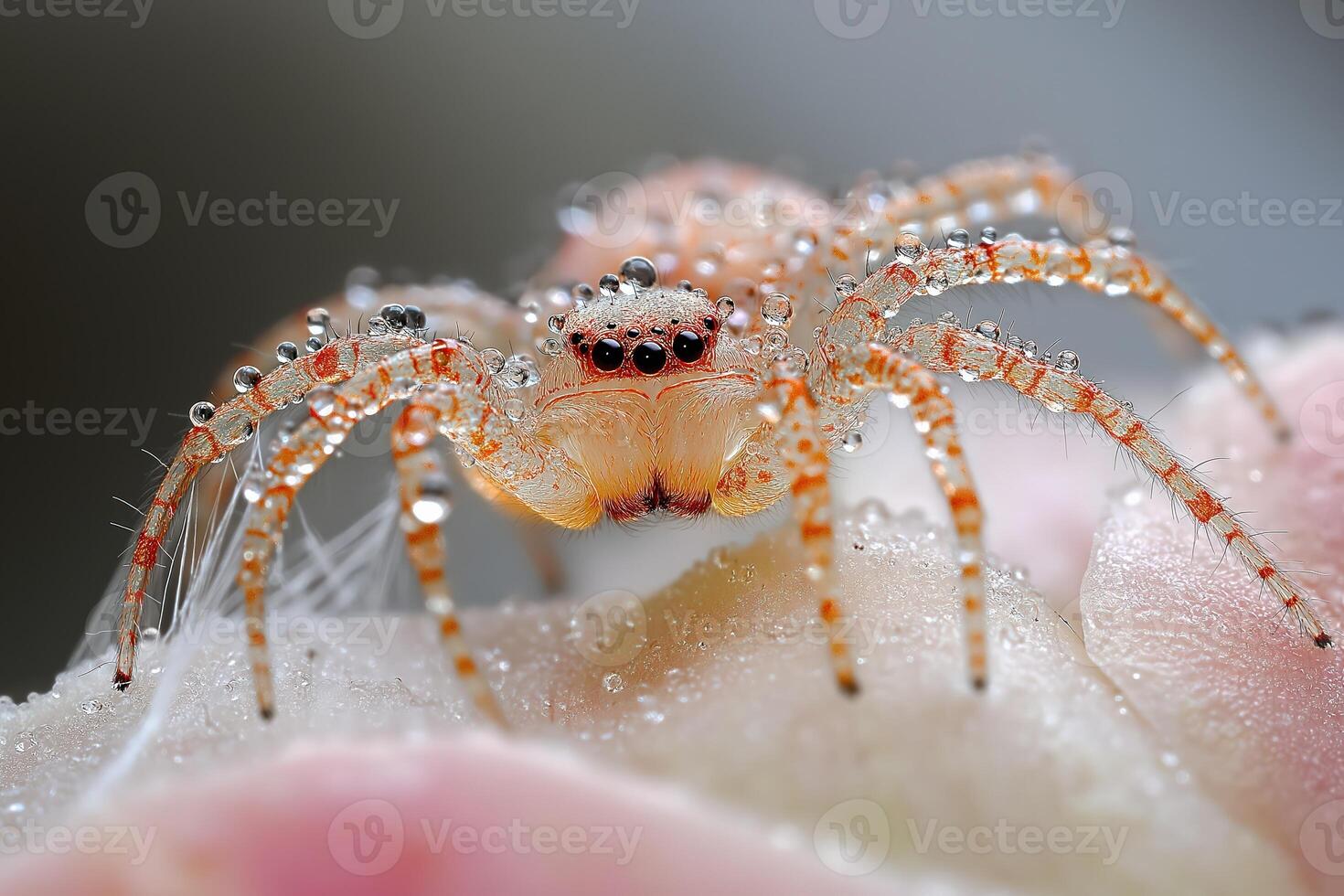 Jumping spider covered in dew drops on fingertip photo