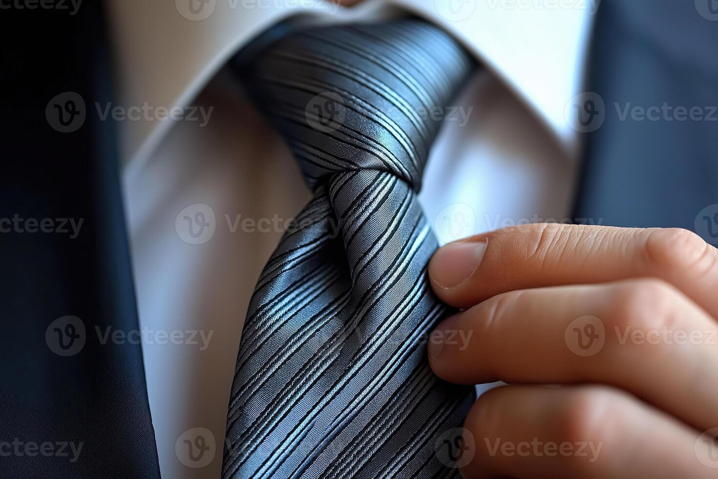 Businessman adjusting grey striped tie on white shirt and blue suit photo