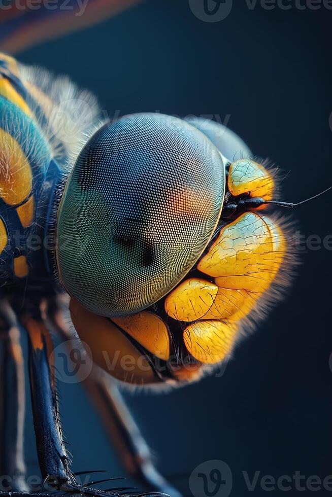 Dragonfly head showing compound eyes and ocelli in extreme close-up photo