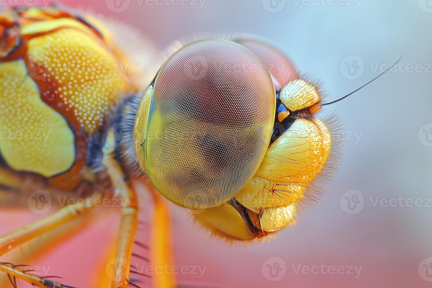Dragonfly head showing compound eyes and antennae in extreme close-up photo