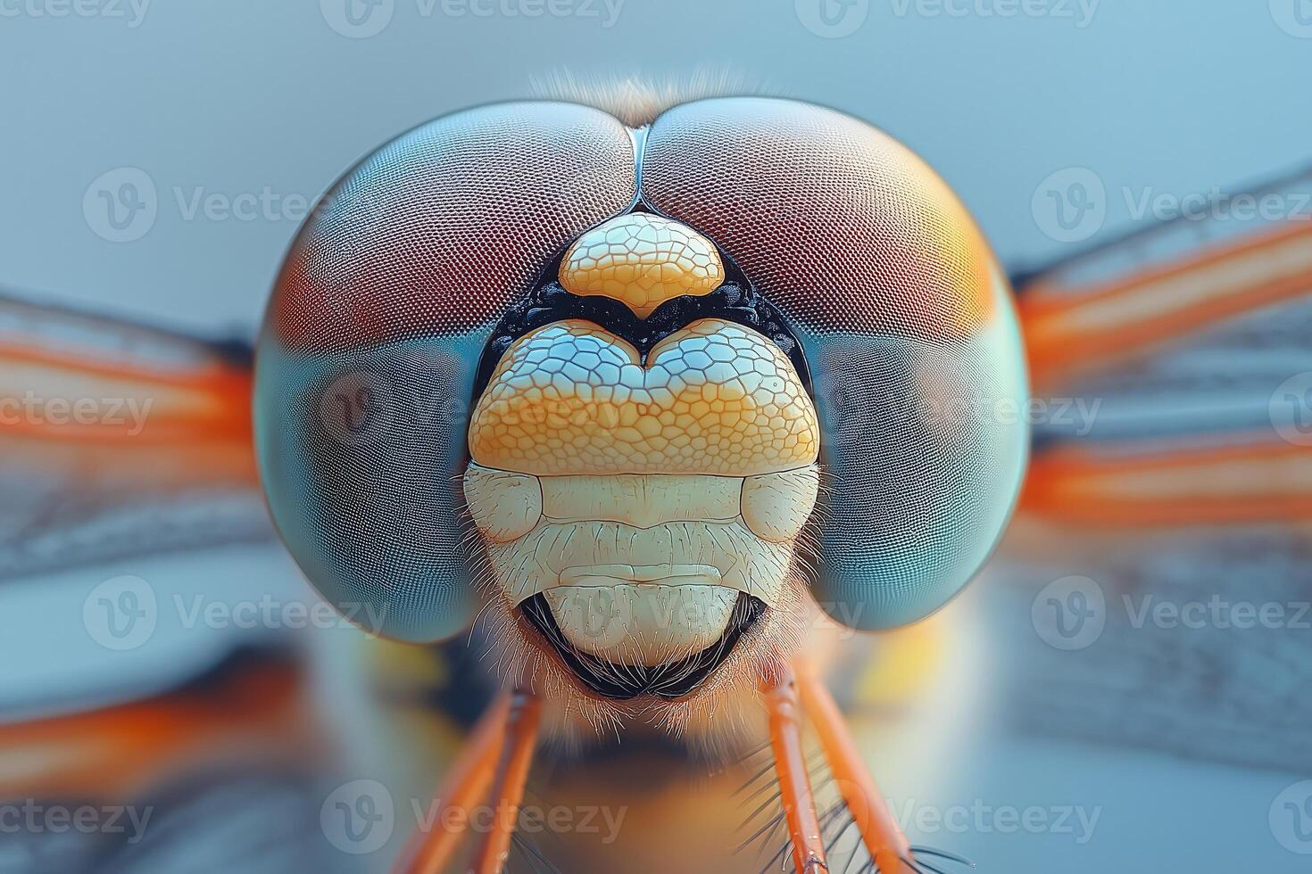 Dragonfly showing compound eyes and mouthparts in extreme close-up photo