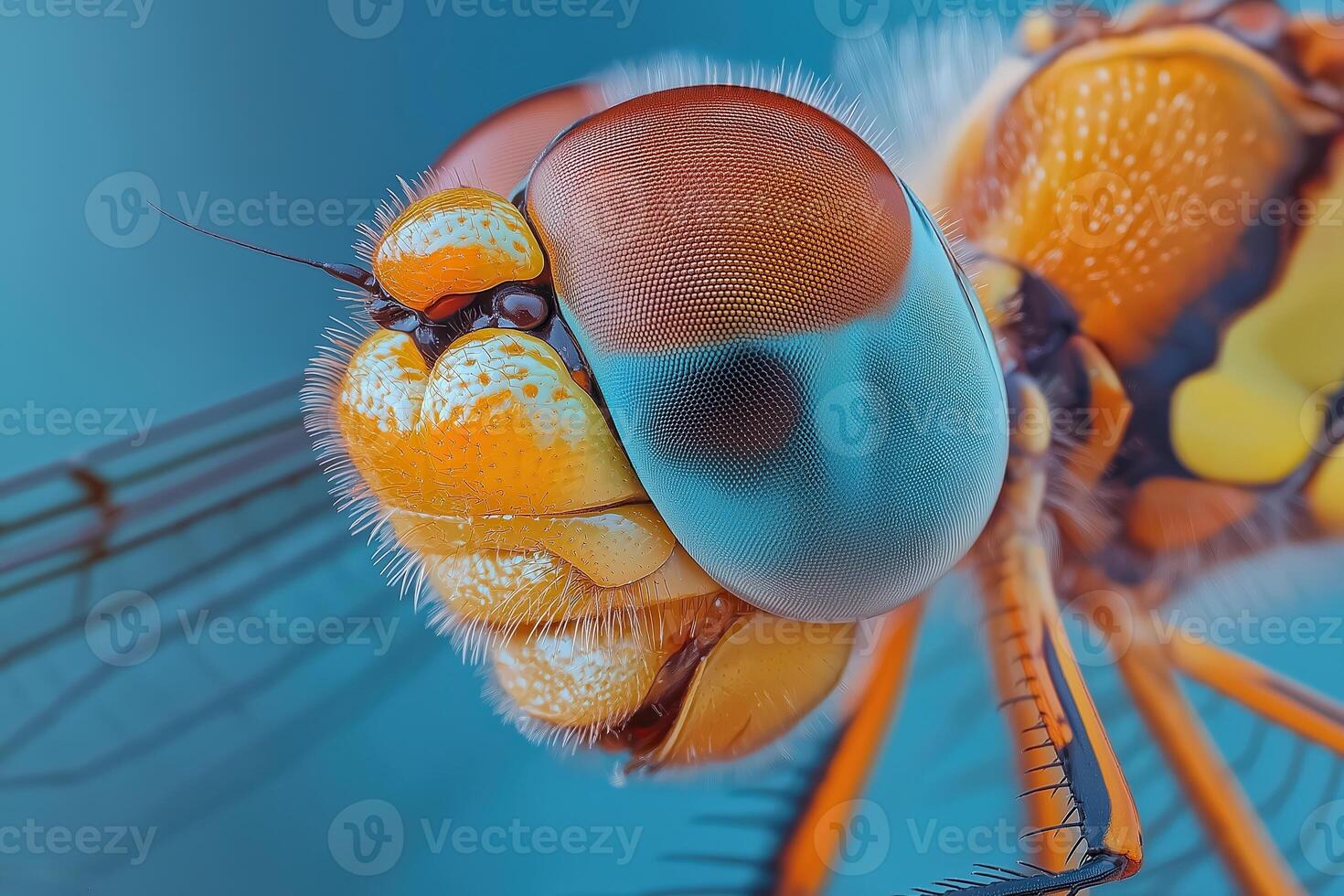 Dragonfly head showing colorful compound eyes and mouthparts photo