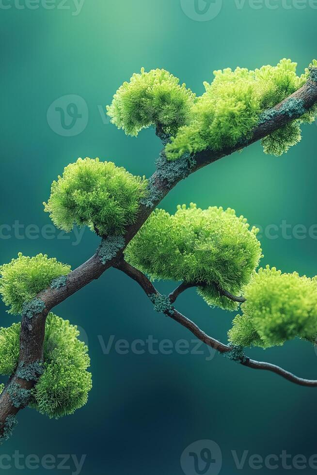 Lush green moss growing on branch creates surreal natural pattern photo