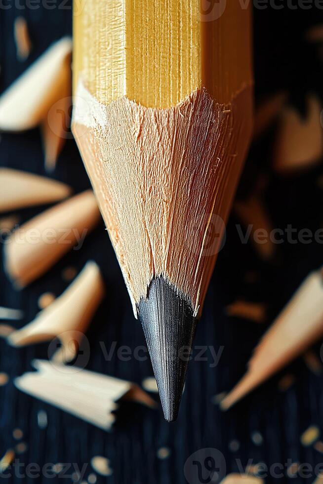 Sharpened pencil point with shavings on dark background photo