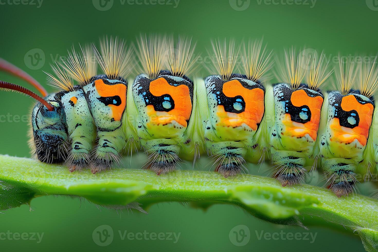 Saddleback caterpillar crawling on green leaf close-up photo