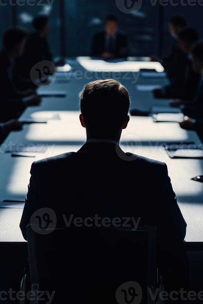 Businessman sitting at conference table listening to presentation in dark boardroom photo