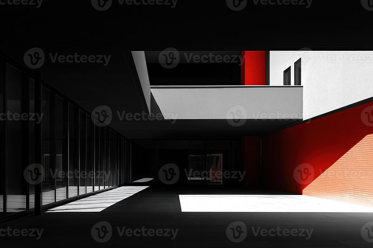 Modern architecture building with red wall and glass facade photo