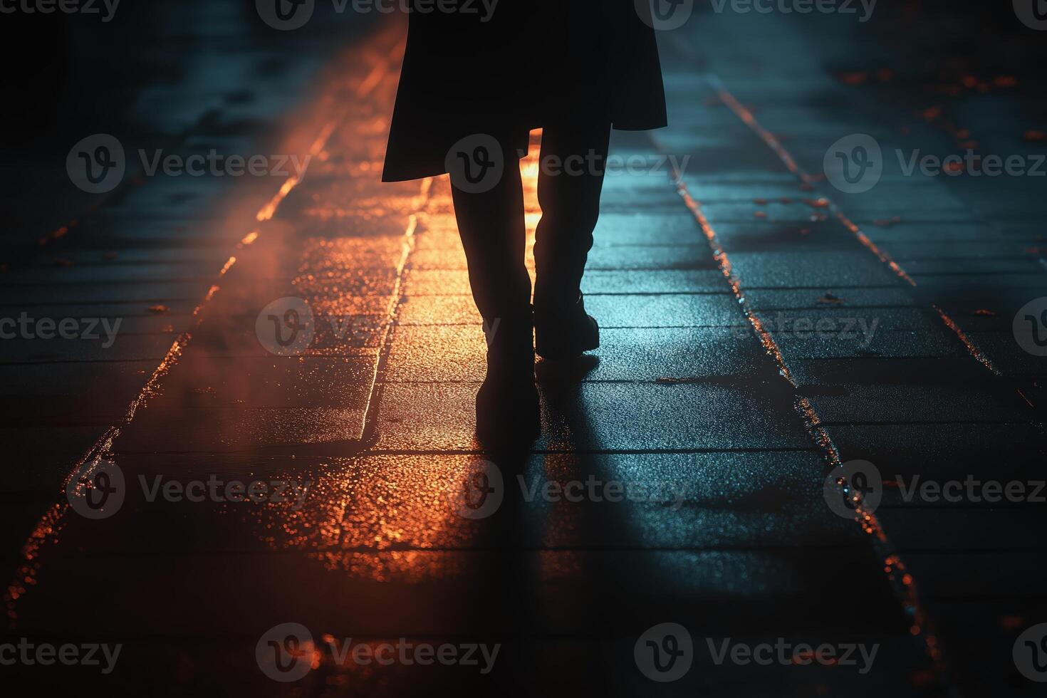 Person walking on wet pavement at night with dramatic lighting photo