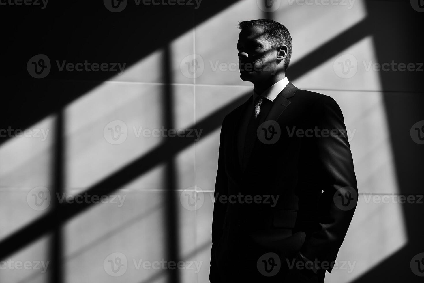 Businessman posing in dark room with window light shadows photo
