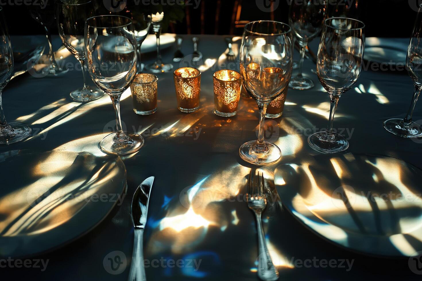 Elegant table setting with golden candlelight creating shadows at night photo