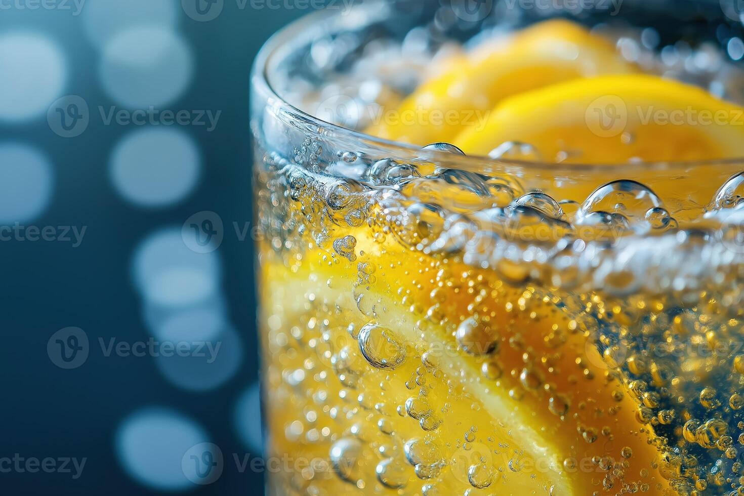 Refreshing sparkling water with lemon slices creating bubbles photo