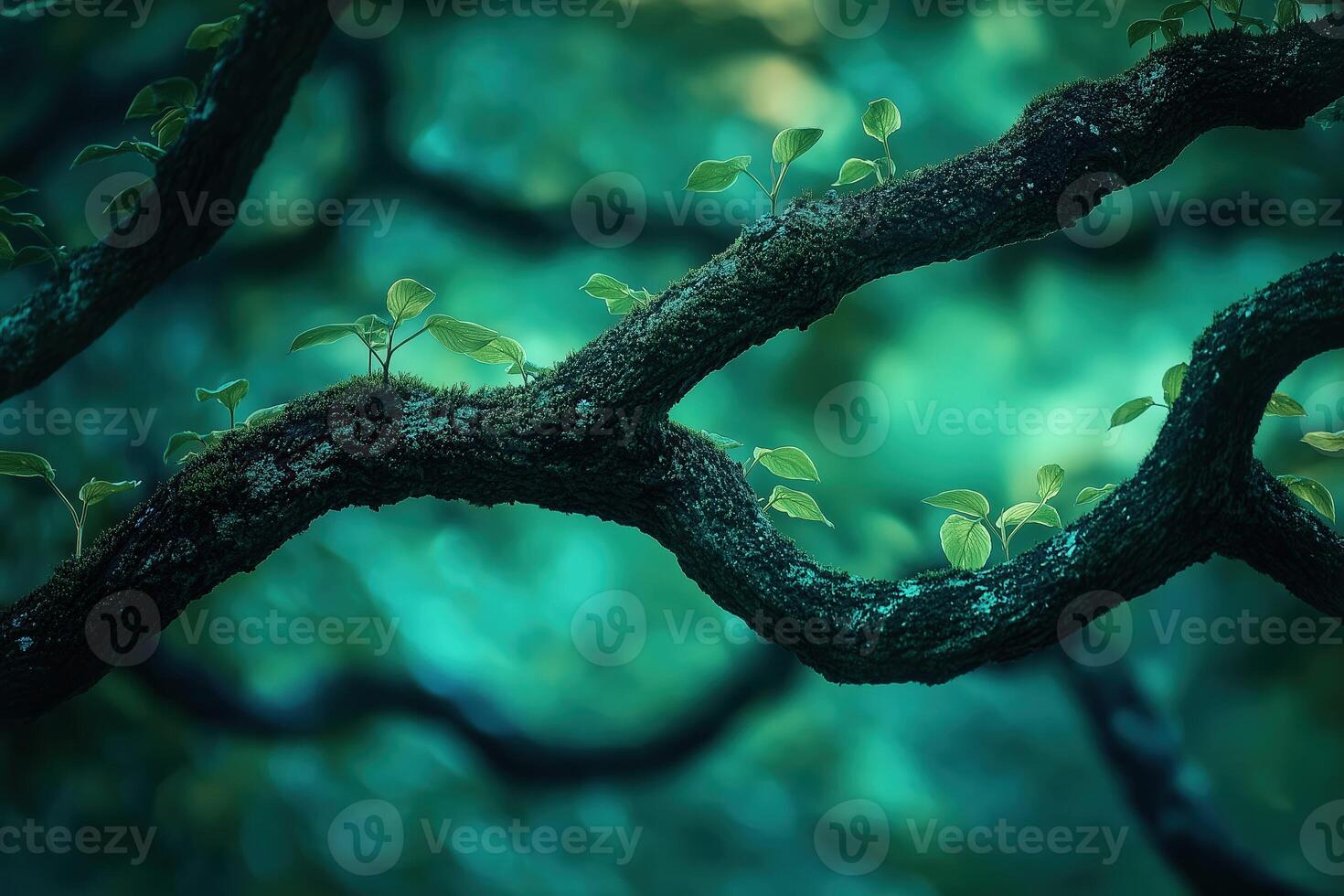 Mossy branch growing new leaves in springtime photo