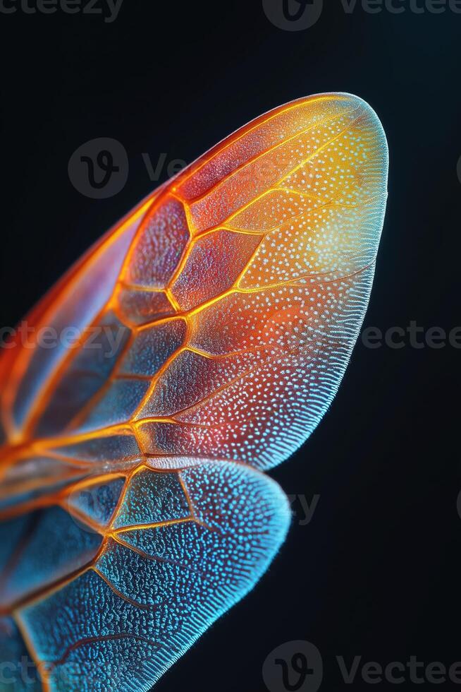 Colorful insect wing showing intricate vein structure photo