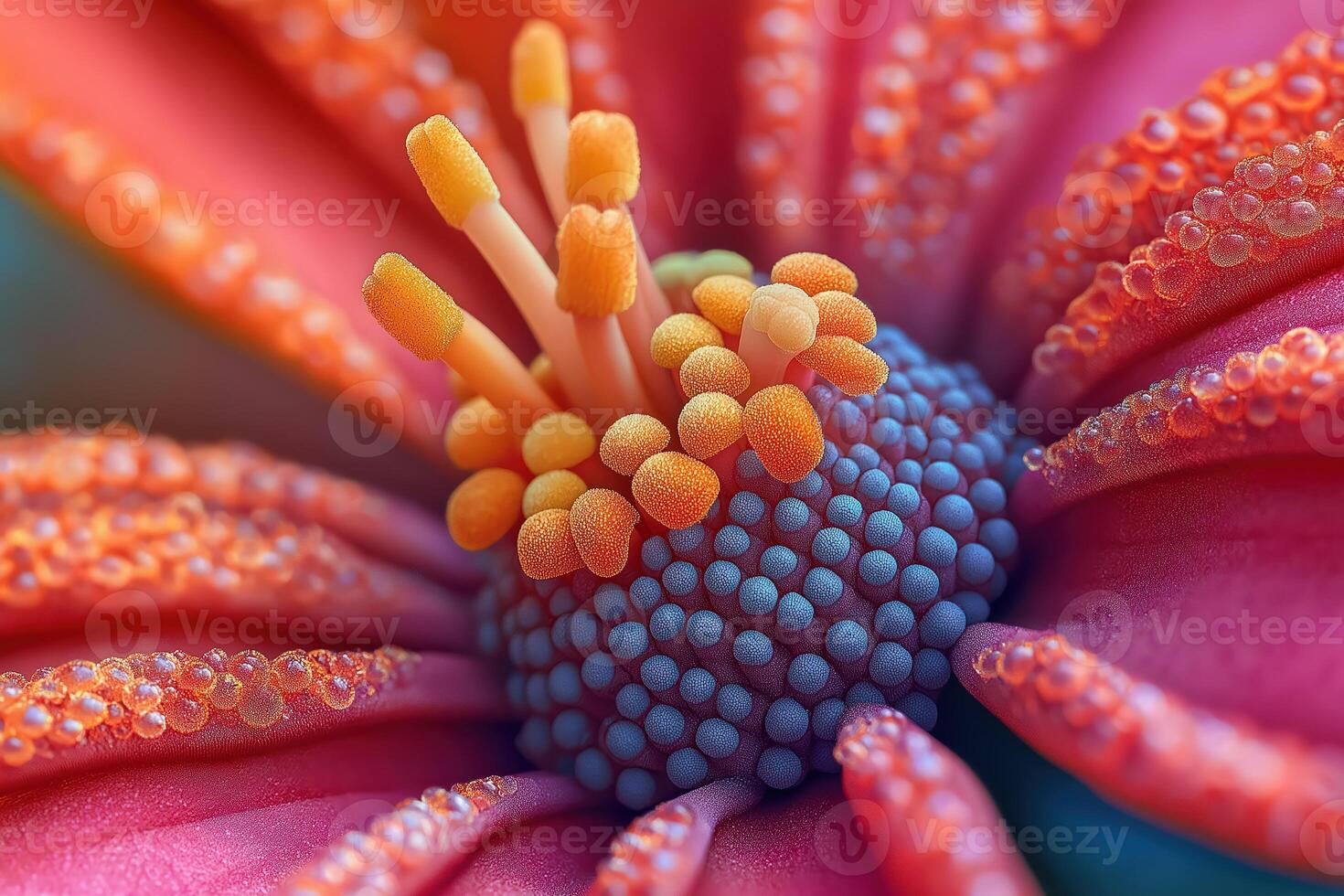 Colorful flower pistil and petals showing dew drops in extreme close-up photo