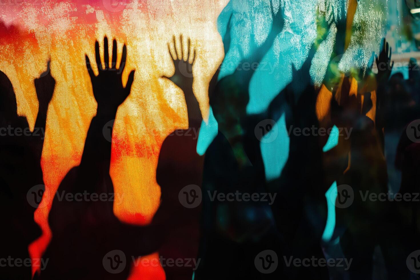 Crowd raising hands cheering with colorful background photo