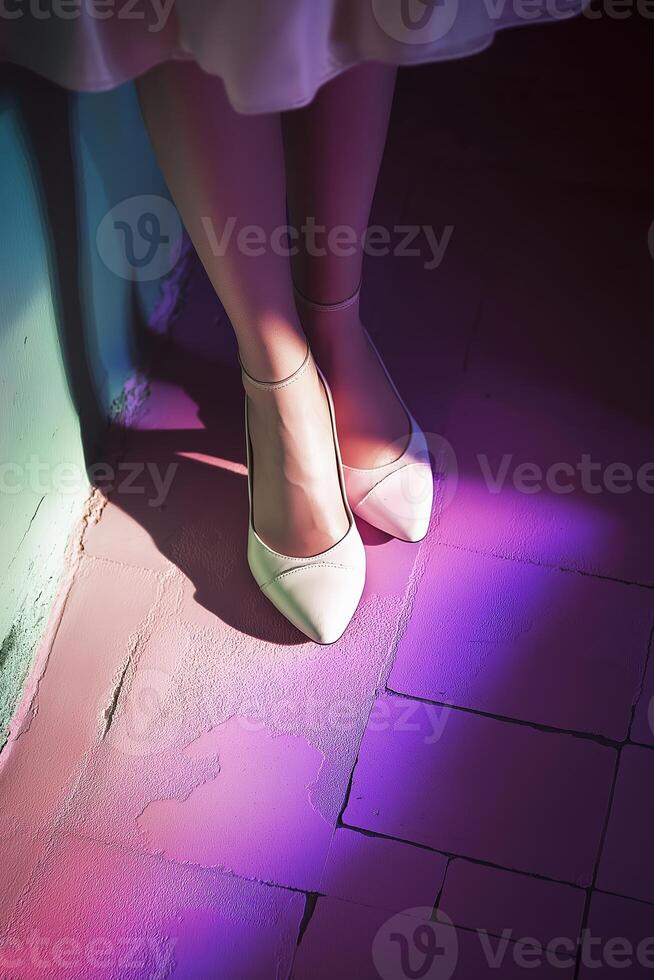 Woman wearing white dress and shoes standing on colorful tiles photo