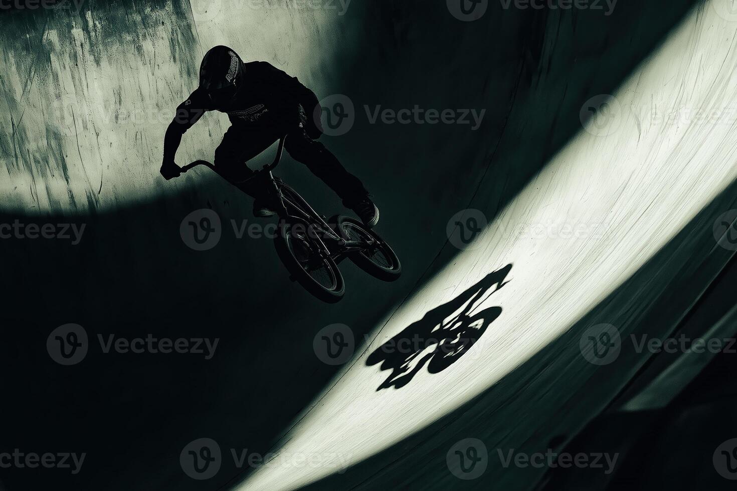 Bmx rider performing a trick in a skate park ramp photo