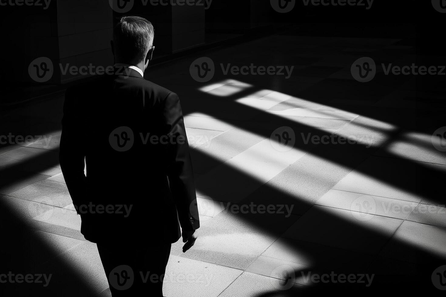Businessman walking in dark corporate building with dramatic lighting photo
