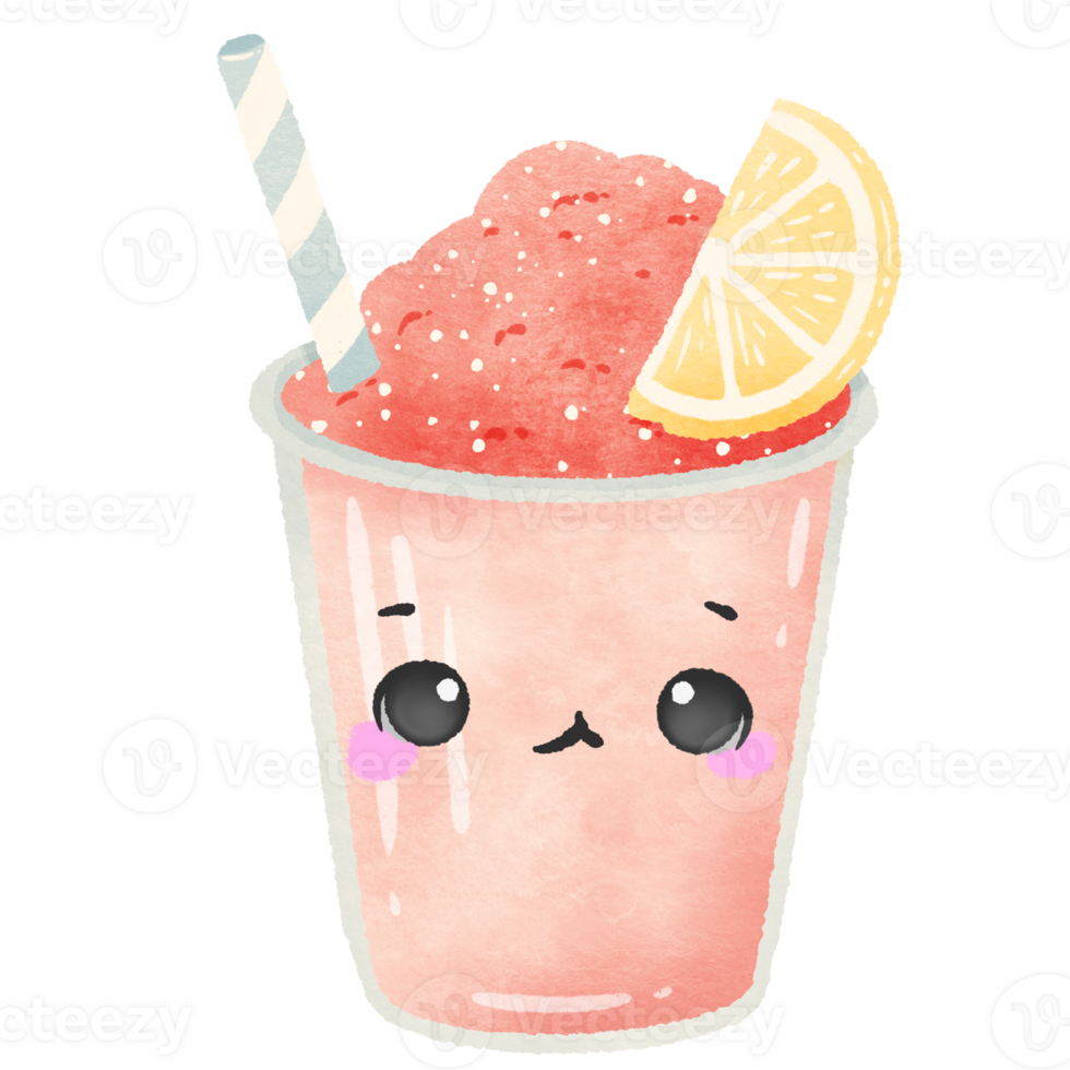 Cute Kawaii Strawberry slushies with a lemon slice with cute face Summer Dessert Illustration with Straw Watercolor Style for Kids Stickers Sublimation Greeting Cards and Digital Planners png