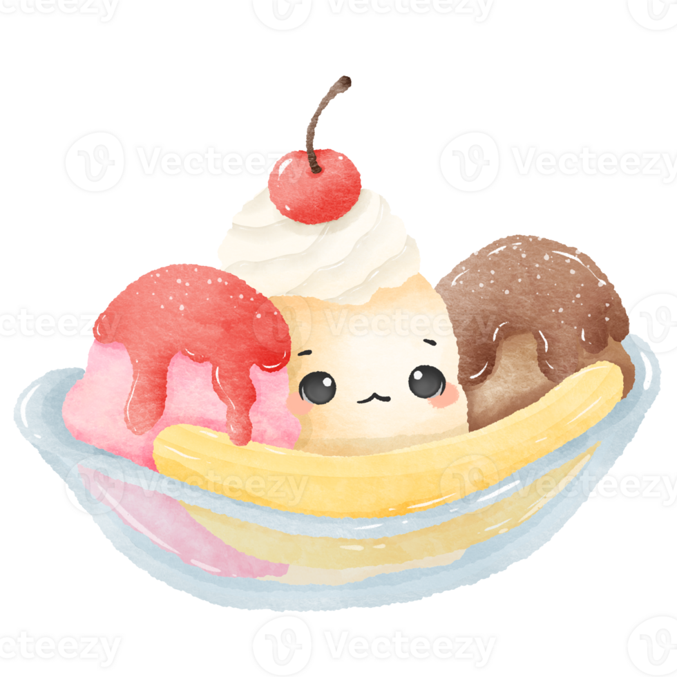 Cute Kawaii ice cream sundae with banana split with cute face Summer Dessert Illustration with Straw Watercolor Style for Kids Stickers Sublimation Greeting Cards and Digital Planners png