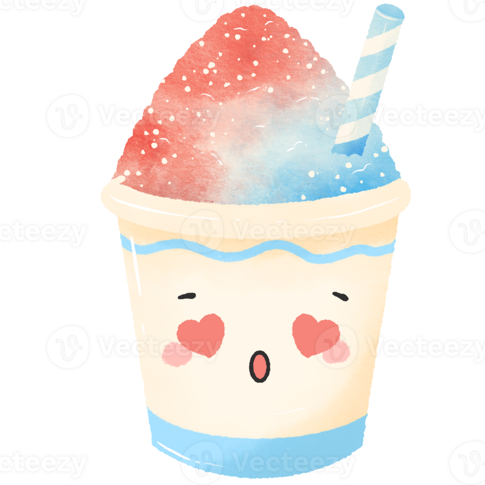 Cute Kawaii Shaved Ice Clipart with Heart Eyes Red and Blue Summer Dessert Illustration with Straw Watercolor Style for Kids Stickers Sublimation Greeting Cards and Digital Planners png