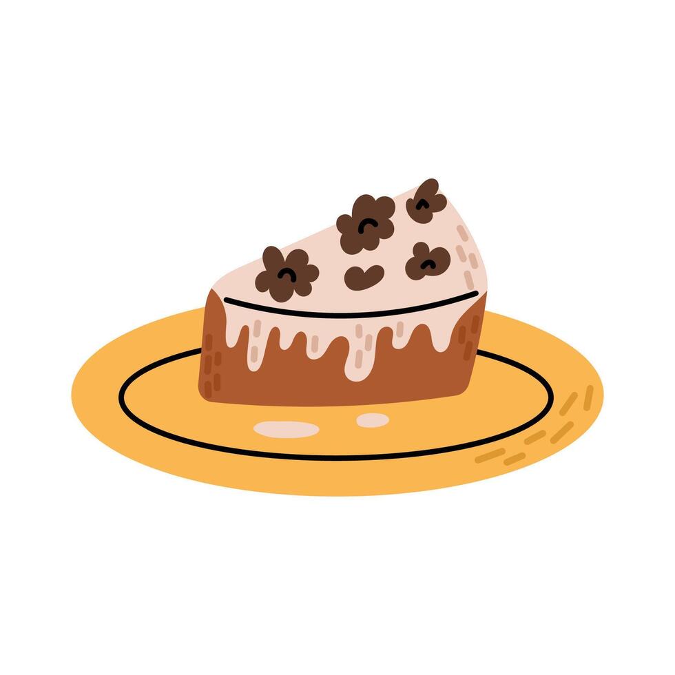 Piece of nuts pie on a plate. Autumn illustration. Flat illustration isolated on white background. vector