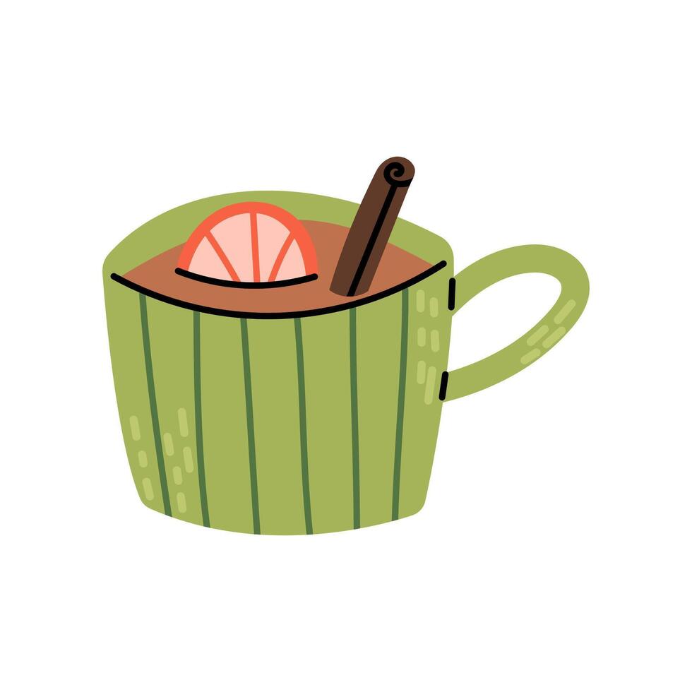Hot drink with orange and cinnamon in a green mug. Autumn beverage. Flat illustration isolated on white background. vector