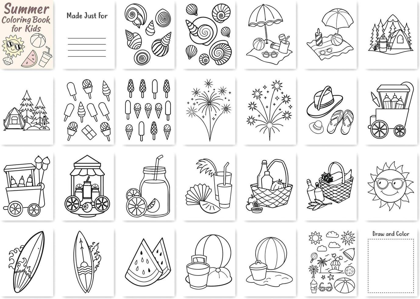 Summer Coloring Book Pages for Kids, Fun Printable Line Art Activities vector
