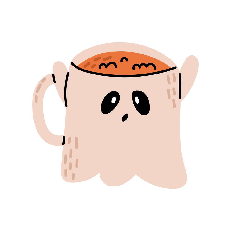 Cute Halloween mug. Beverage in ghost cup. Flat illustration isolated on white background. vector
