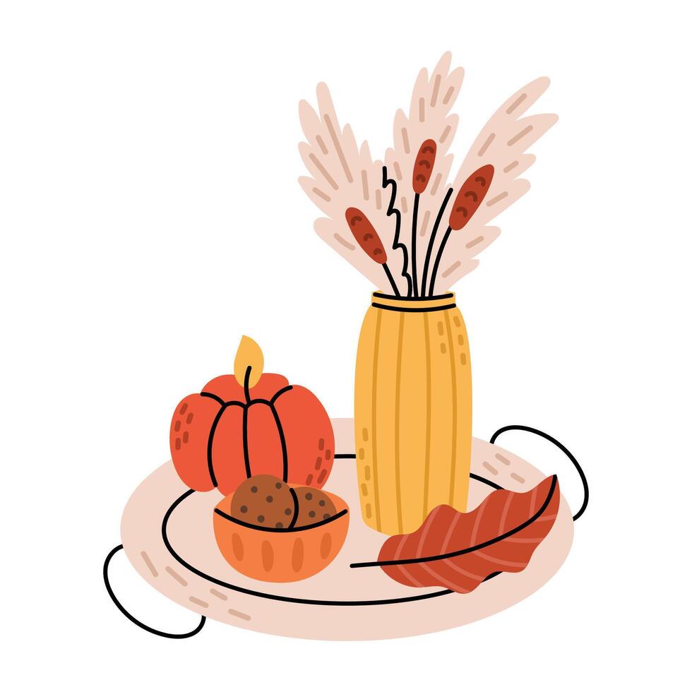 Decorative tray with autumn decorations for home. Pumpkin candle, dried flowers, cookies in a vase. Flat illustration isolated on white background. vector