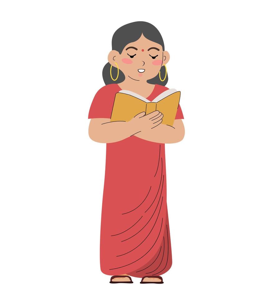 Indian Woman Reading Book in red sari. People reading books and study. flat hand drawn illustration. girl cure character cartoon female staying. on white background vector