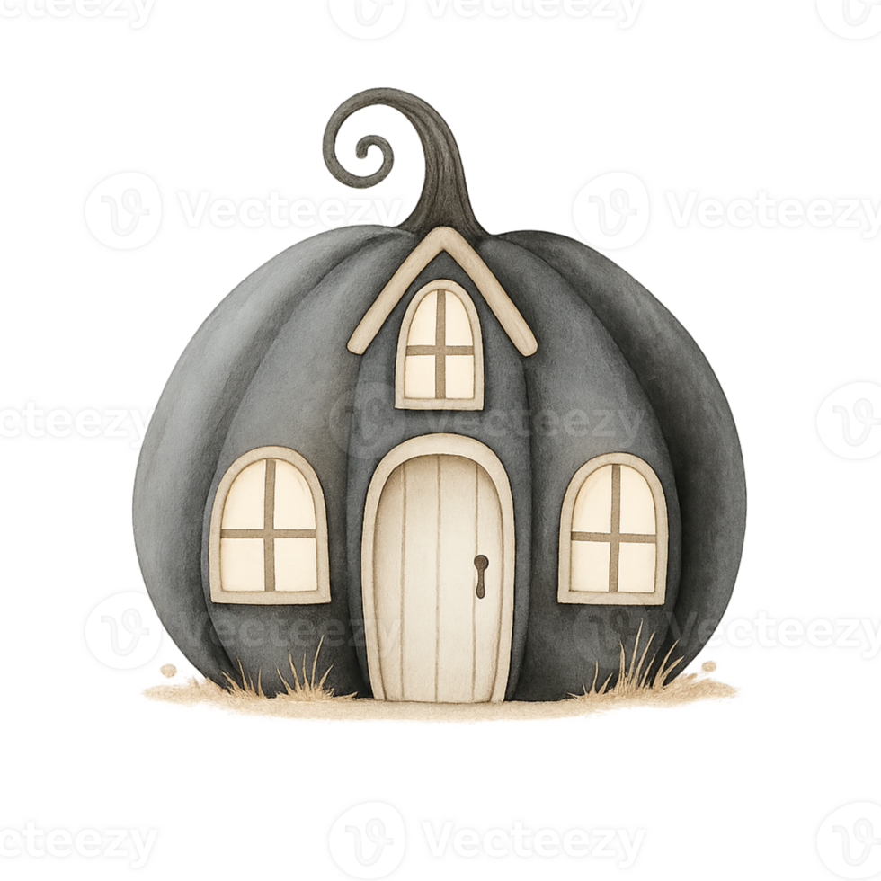 A pumpkin house with a door and windows png