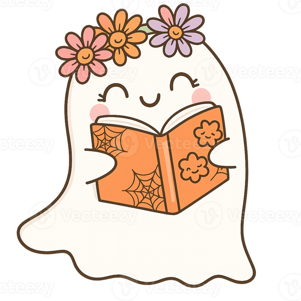 A ghost holding a book with flowers on it png