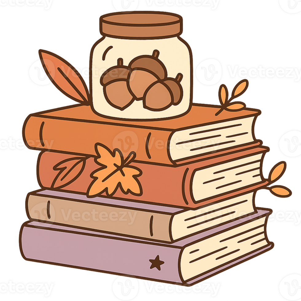 A jar of acorns and books on a table png