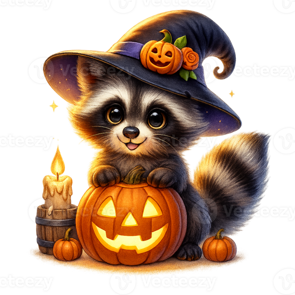 A cute raccoon in a witch hat holding a pumpkin png