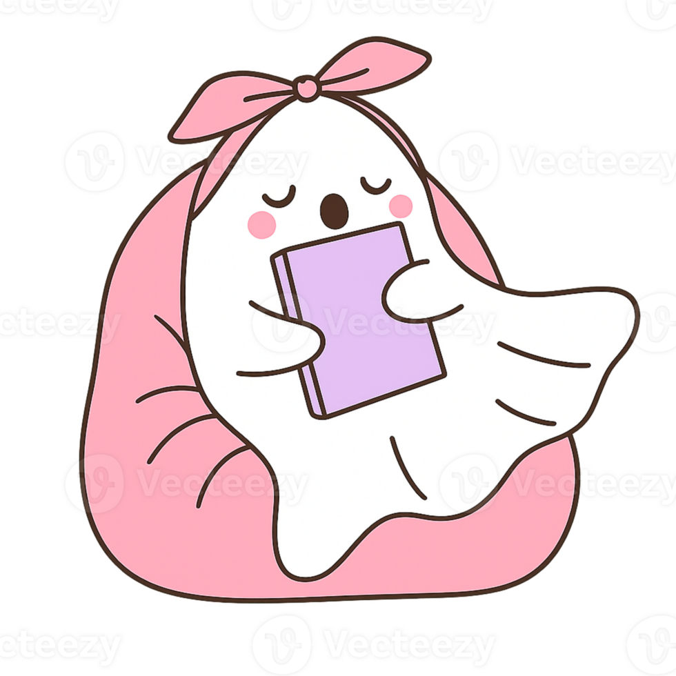 A ghost sitting on a pink pillow with a book png