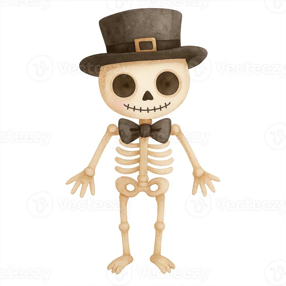 A skeleton wearing a hat and bow tie png