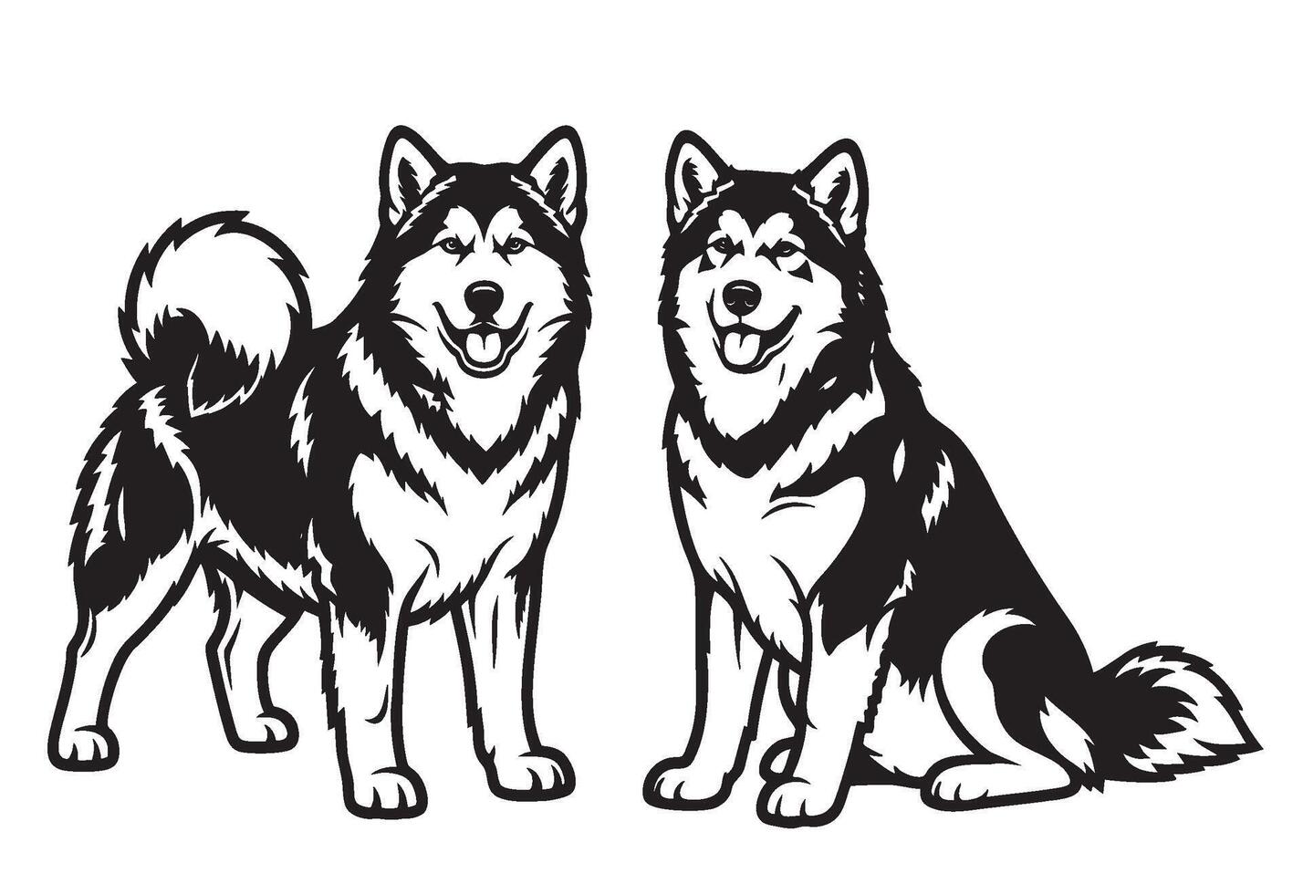 Happy Alaskan Malamute dogs standing and sitting together in a detailed black and white illustration on white background. Pet vector