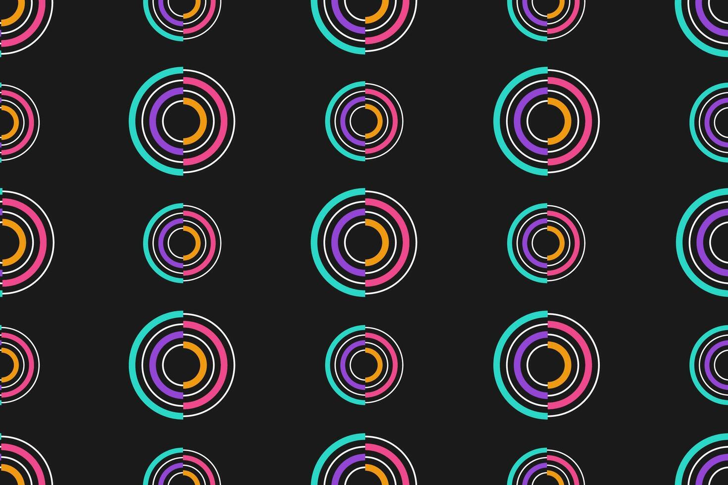 Seamless neon circle pattern with vibrant multicolor concentric rings. Colored circles seamless pattern on black background. vector