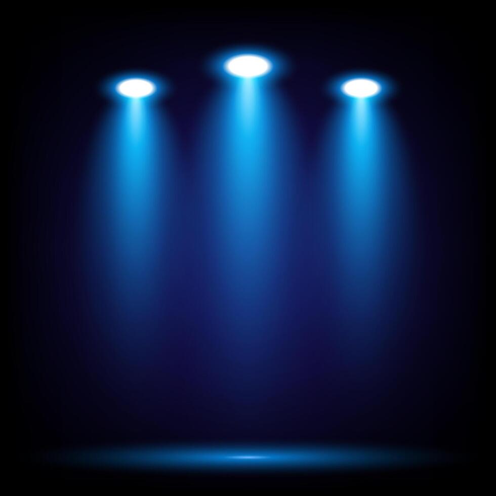 Isolated top down three blue spotlight with shadow on black background, perfect for stage or clipart use vector