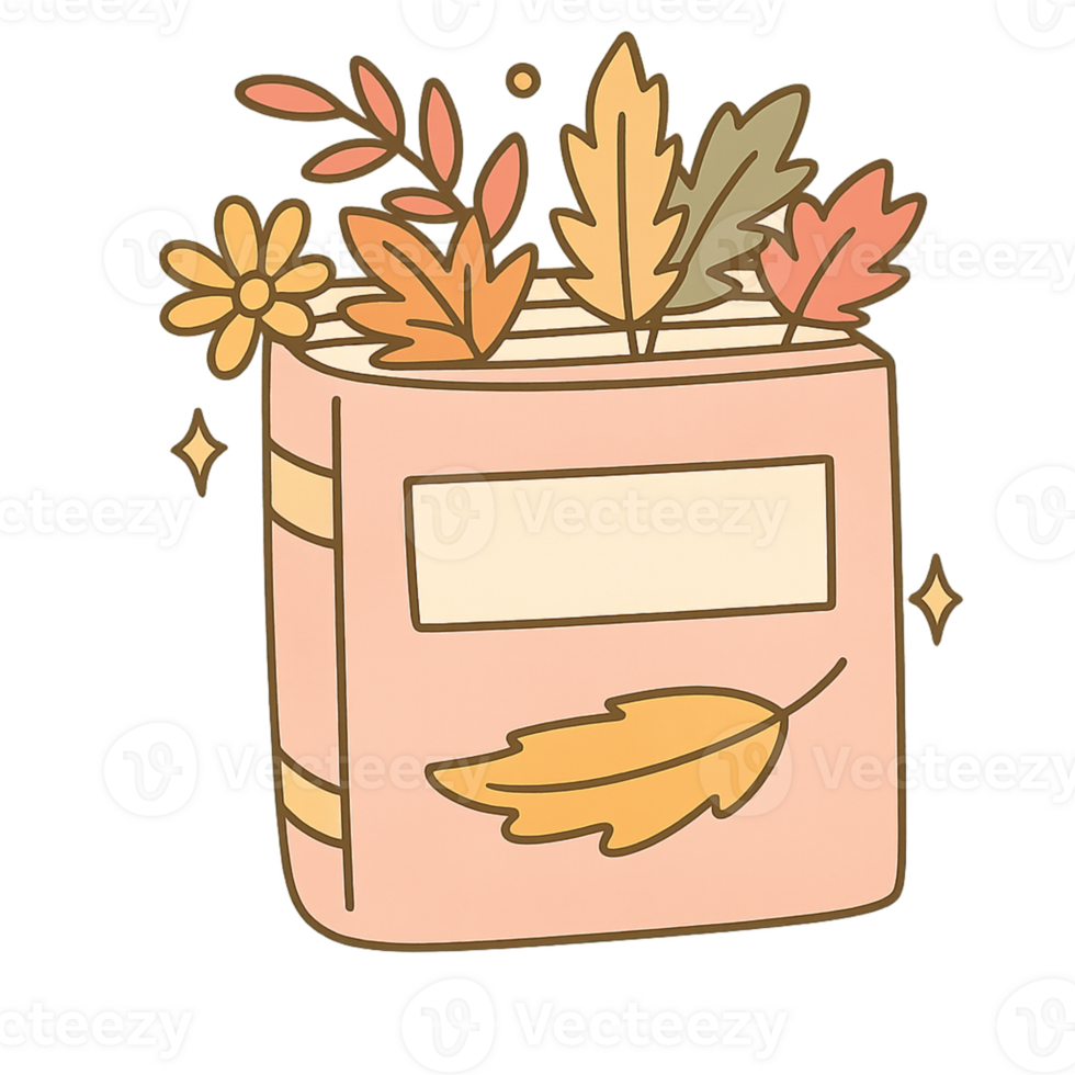 An illustration of a book with leaves and flowers png