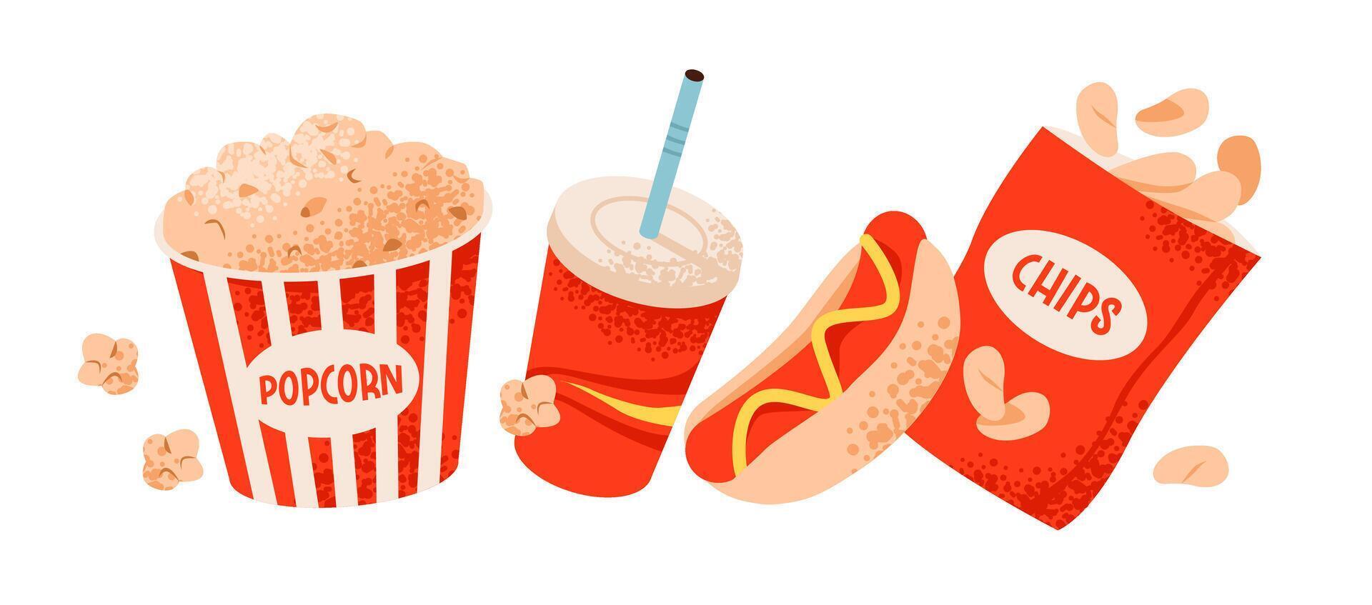 Popcorn, chips, hotdog, and a drink vector