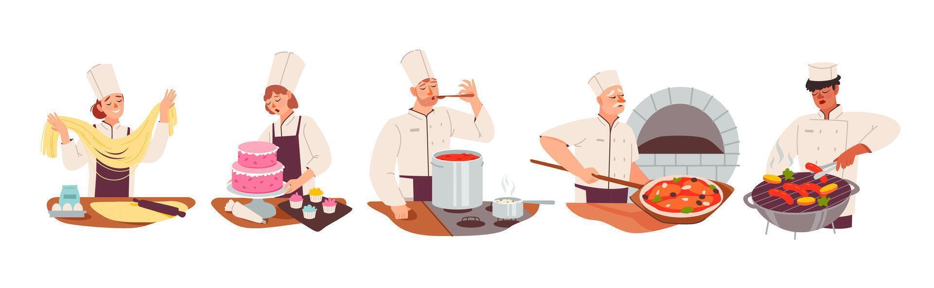Chefs cooking a variety of dishes vector
