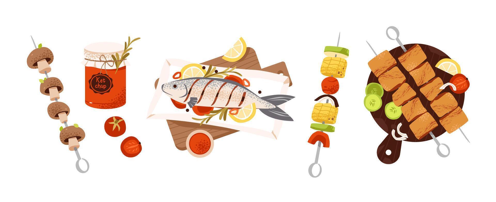 Grilled skewers and fresh fish vector
