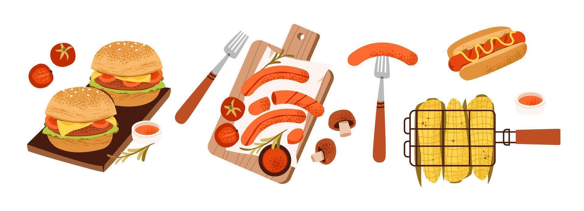 Grilled burgers, sausages and hotdog with fresh vegetables and ketchup. Fast food, fresh veggies, and picnic mood. Flat illustration. vector