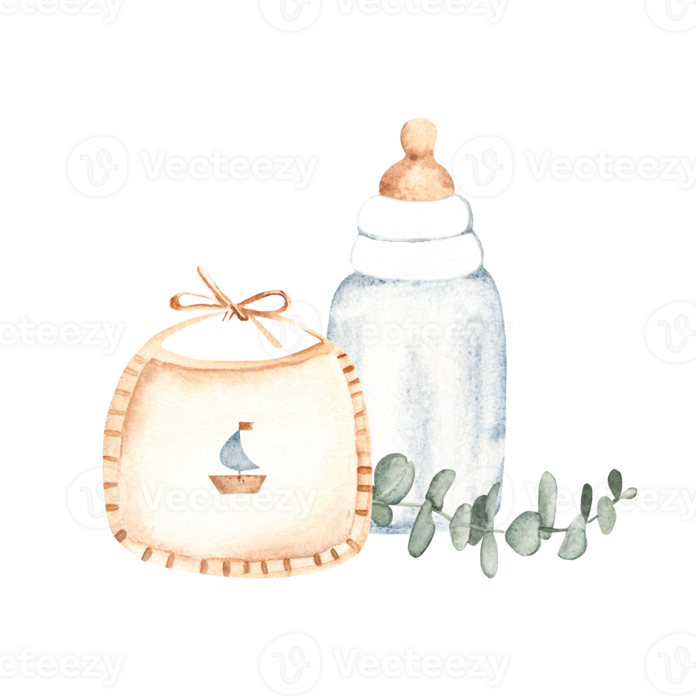 Newborn Boy Composition. Baby Bib with a boat, Bottle for milk and eucalyptus branch. Watercolor hand drawn illustration of cute Infant accessories in eco style. For invitations, Gender party, Baby png