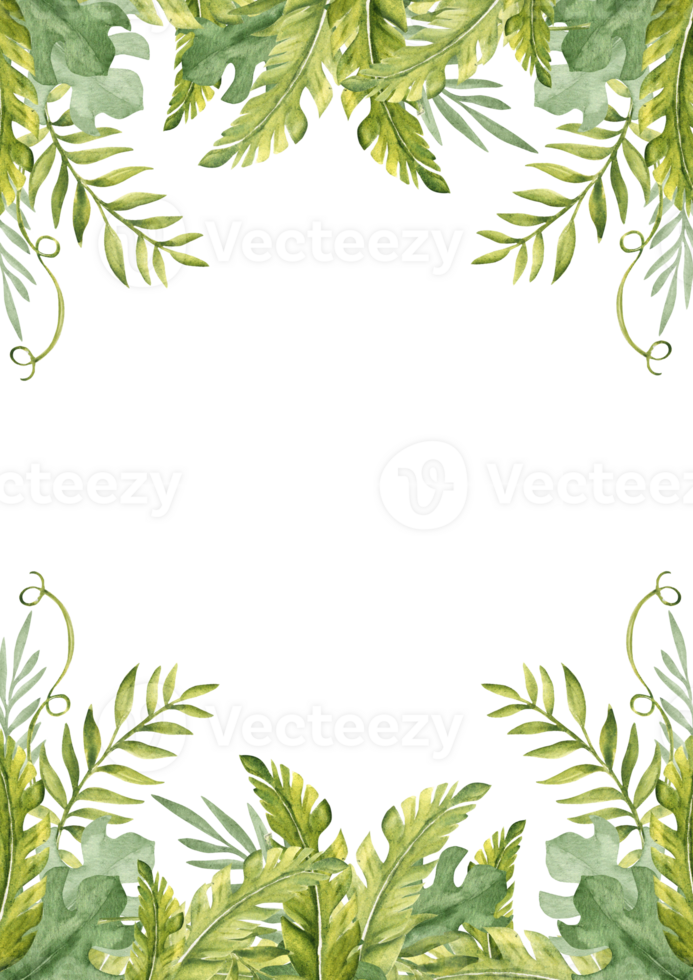 Watercolor Tropical Leaves card template. Summer vertical square Frame, border. Botanical illustration of Exotic plants. For greeting cards invitations, save the date, poster design. png