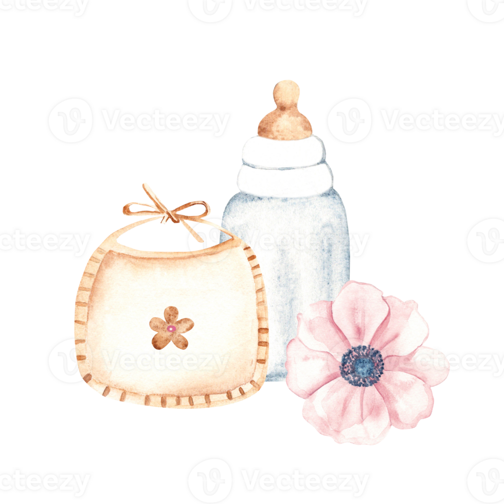 Newborn Girl Composition. Baby Bib with a flower, Bottle for milk and Anemone. Watercolor hand drawn illustration of cute Infant accessories in eco style. For invitations, Gender party, Baby shower png